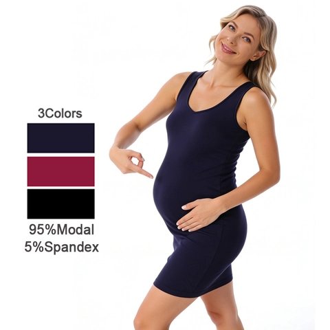 Women's Maternity Sleeveless Modal Dress Round Neck Solid Color Casual Ruched Comfortable Pregnancy Sundress