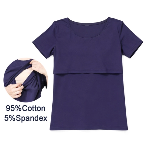Women's Short Sleeve Nursing T-Shirt Cotton Blend Round Neck Maternity Breastfeeding Top Soft Casual Home Maternity Clothes