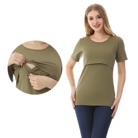 Women's Combed Cotton Short Sleeve Nursing T-Shirt Solid Color Breastfeeding Top For Maternity Pregnant Mothers Casual