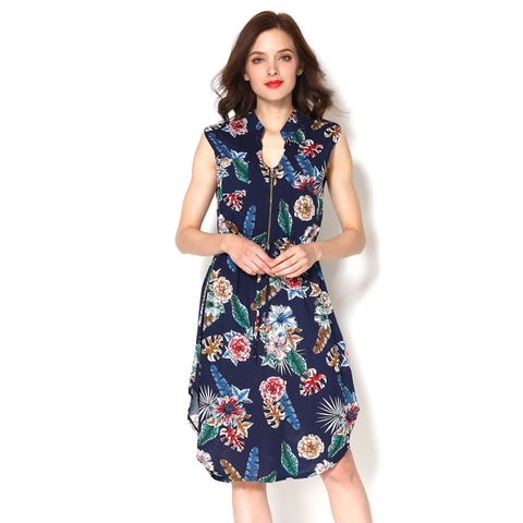 Ärmelloses Umstandskleid Zum Stillen Mit Blumenmuster Reißverschluss V-Ausschnitt Stillkleid Mit Verstellbarem Tunnelzug Baumwolle Midi-Kleid
