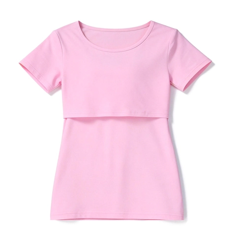 Camiseta de Lactancia de Algodón Manga Corta Cuello Redondo Color Sólido Top Lactancia para Maternidad Mujer Casual Verano