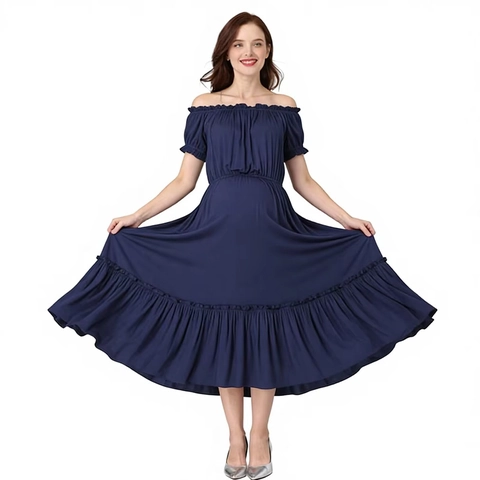 Mode Damen Schulterfrei Umstandskleid Rundhals Zwei-Wege Tragen Modal Elasthan Kurzarm Hohe Taille Rüschen Maxi Kleid