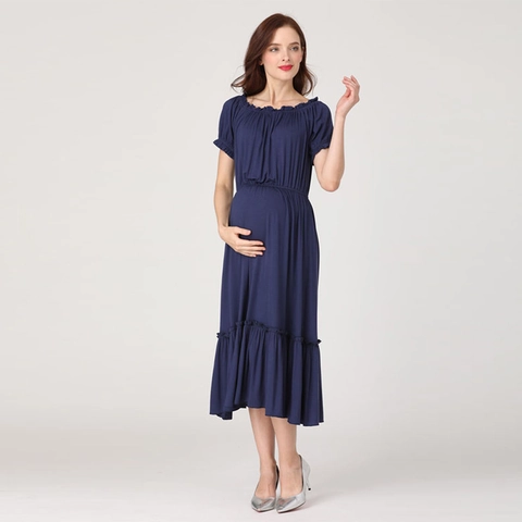 Damen Umstandskleid Schulterfrei Modal Rüschensaum Kurzarm Lässig Schwangerschaft Langes Kleid Komfortabel Elegant