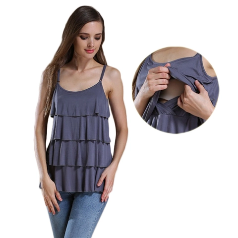 Women Maternity Nursing Tank Top Modal Tiered Ruffle Layered Spaghetti Strap Cami Breastfeeding Sleeveless Top Summer Fashion