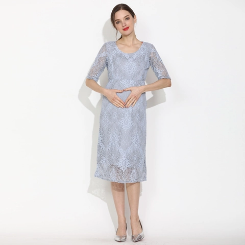 Women's Lace Maternity Nursing Dress Round Neck Short Sleeve Solid Color Pregnancy Dress For Breastfeeding