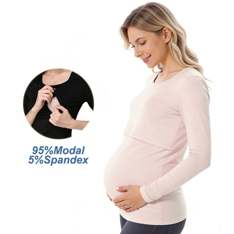 Women's Modal Maternity Long Sleeve Nursing Top Round Neck Soft Breastfeeding Base Layer Solid Color Pregnancy Clothes