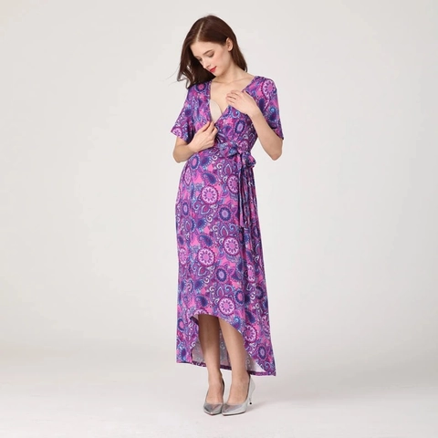 Women's V-Neck Modal Maternity Nursing Dress Floral Print High-Low Wrap Dress Short Sleeve Breastfeeding Pregnancy Clothing
