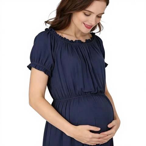 Mode Damen Schulterfrei Umstandskleid Rundhals Zwei-Wege Tragen Modal Elasthan Kurzarm Hohe Taille Rüschen Maxi Kleid