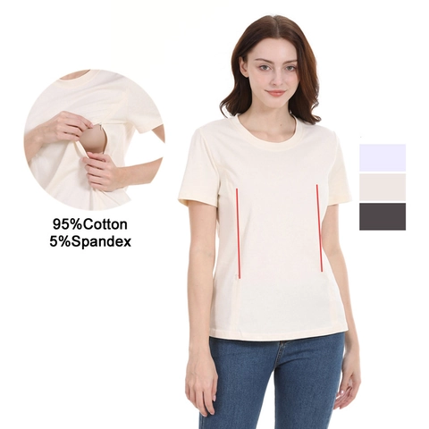 Cotton Maternity Nursing T-Shirt Short Sleeve Pregnancy Top With Hidden Zipper Breastfeeding Clothes Plus Size Summer Casual Tunic