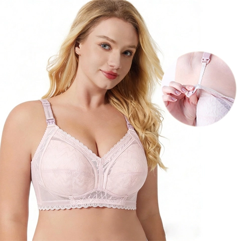 Women Plus Size Nursing Bra Wire Free Cotton Breastfeeding Bra Full Cup Lace Maternity Underwear With Front Buckle