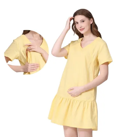 Abito Premaman da Donna in Cotone e Lino Vestiti per Allattamento Apertura Invisibile Manica Corta Scollo a V Volant Taglie Forti