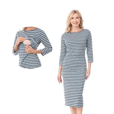 Katoen Stretch Zwangerschapsjurk Voedingsjurk Gestreept 3/4 Mouw Midi Bodycon Jurk Voor Zwangerschap Borstvoeding Vrouwen Forens Stijl