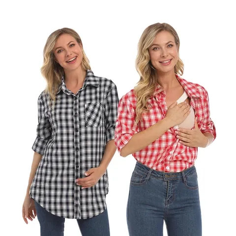 Camicia da Allattamento a Quadri Premaman Manica Lunga Scollo a V Camicetta da Allattamento Per Donne Incinte Top Casual
