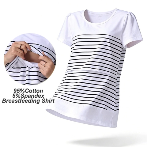 T-shirt Εγκυμοσύνης Θηλασμού Ριγέ Κοντό Μανίκι Βαμβακερό Patchwork Τοπ Για Έγκυες Γυναίκες Casual Μεγάλα Μεγέθη