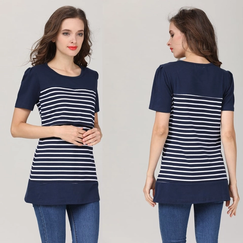 T-shirt Εγκυμοσύνης Θηλασμού Ριγέ Κοντό Μανίκι Βαμβακερό Patchwork Τοπ Για Έγκυες Γυναίκες Casual Μεγάλα Μεγέθη