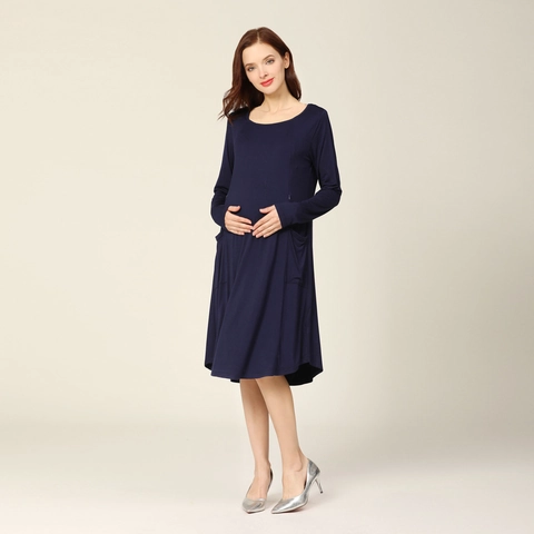 Lässiges Rundhals Langarm Umstands Stillkleid Einfarbig Midi Kleid Mit Taschen Für Stillende Frauen