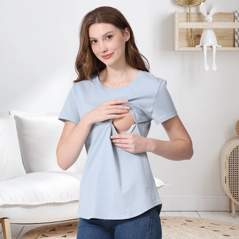 Women's Short Sleeve Nursing T-Shirt Cotton Round Neck Hidden Zipper Breastfeeding Top Casual Maternity Tee Pregnant Top