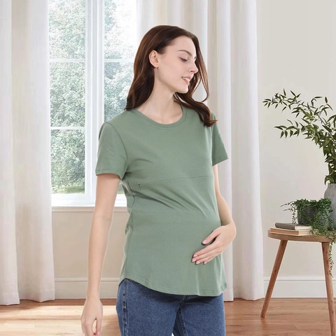 Cotton Maternity Nursing T-Shirt Women Casual Short Sleeve Breastfeeding Top With Hidden Zipper Round Neck Pregnancy Clothes