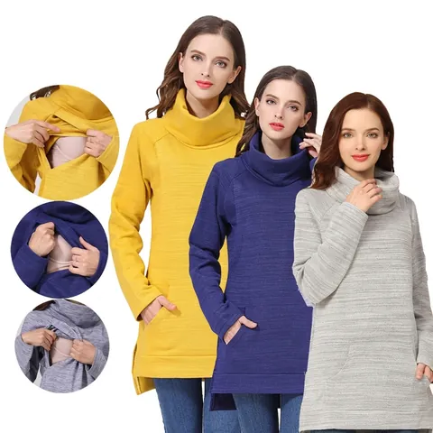 Women Casual Maternity Nursing Sweatshirt Cowl Neck Long Sleeve Feeding Top With Pockets Side Slit Cotton Blend Hoodie