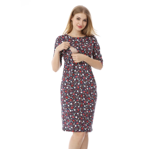 Geblümtes Umstands Stillkleid Baumwolle Halbarm Rundhals Elegantes Midikleid Für Schwangerschaft Stillen Damen