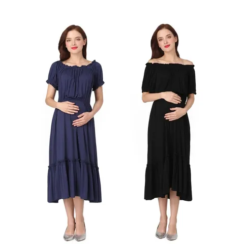 Damen Umstandskleid Schulterfrei Modal Rüschensaum Kurzarm Lässig Schwangerschaft Langes Kleid Komfortabel Elegant