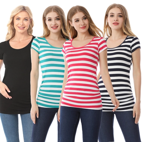Maglietta Premaman a Righe Manica Corta in Modal Arricciata Laterale Slim Fit Traspirante Morbida Elastica Casual Donna