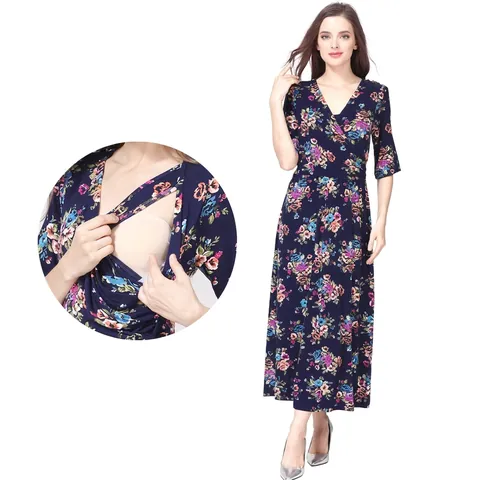 Florales Umstandskleid Zum Stillen Mit V-Ausschnitt Baumwolle Schwangerschaft Stillkleid Mit Verstellbarem Gürtel Langes Kleid