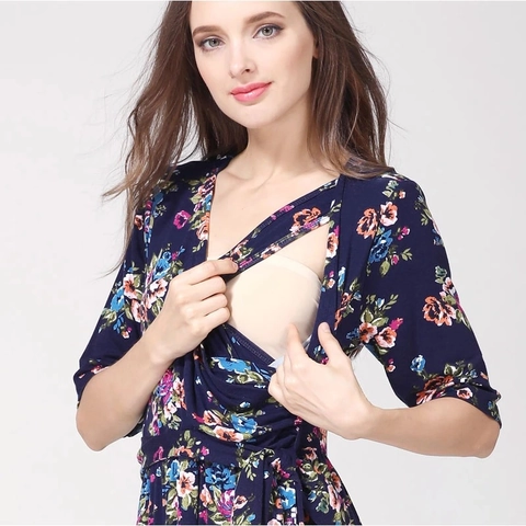 Florales Umstandskleid Zum Stillen Mit V-Ausschnitt Baumwolle Schwangerschaft Stillkleid Mit Verstellbarem Gürtel Langes Kleid