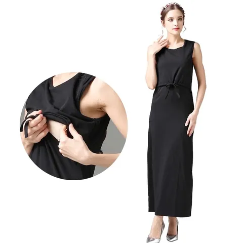 Ärmellos Stillkleid Umstandskleid V-Ausschnitt Lang Maxi Kleid Verstellbare Taille Baumwolle Einfarbig Gestreift Damen Mode