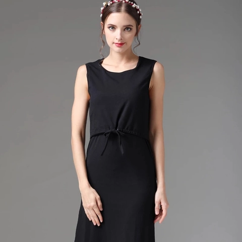 Ärmellos Stillkleid Umstandskleid V-Ausschnitt Lang Maxi Kleid Verstellbare Taille Baumwolle Einfarbig Gestreift Damen Mode