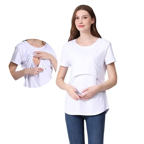 Women Cotton Maternity Nursing T-Shirt Solid Color Short Sleeve Breastfeeding Top Round Neck Comfortable Pregnancy Clothes