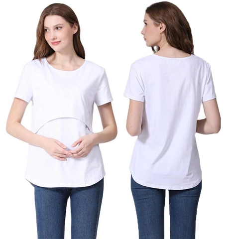 Women Cotton Maternity Nursing T-Shirt Solid Color Short Sleeve Breastfeeding Top Round Neck Comfortable Pregnancy Clothes