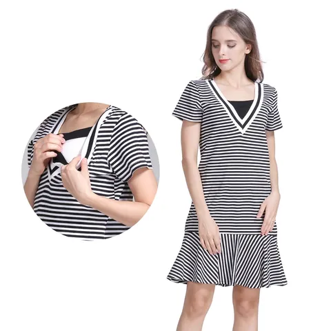 Positie Voedingsjurk V-hals Katoen Gestreept Korte Mouw Ruffle Zoom Losse Casual Zwangerschapskleding Voor Dames