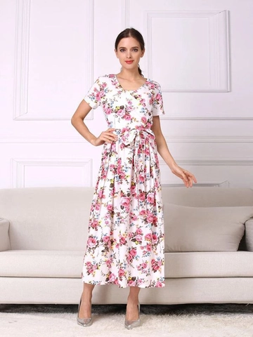 Abito da Maternità da Donna con Stampa Floreale Scollo a V Manica Corta in Cotone Abito Lungo per Allattamento Con Cintura