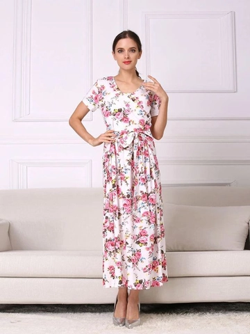 Abito da Maternità da Donna con Stampa Floreale Scollo a V Manica Corta in Cotone Abito Lungo per Allattamento Con Cintura