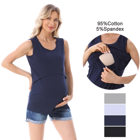 Dames Voedingstop voor Zwangerschap Mouwloos Ronde Hals 95% Katoen Effen Kleur Voedingsvest Casual Home Wear Top