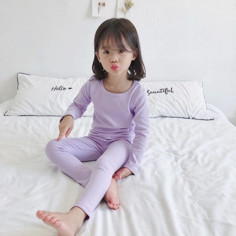 Kids Pure Cotton Pajamas Set Thermal Long Sleeve Loungewear For Boys Girls Soft Solid Color Sleepwear Home Clothes