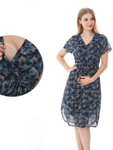 Abito Premaman in Chiffon Floreale da Donna Scollo a V Manica Corta Abito da Allattamento Estivo Vita Elastica Abito Midi