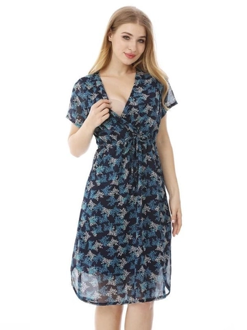 Abito Premaman in Chiffon Floreale da Donna Scollo a V Manica Corta Abito da Allattamento Estivo Vita Elastica Abito Midi