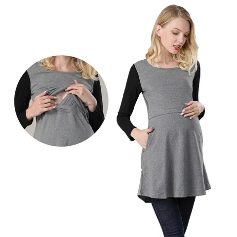 Maglia Allattamento a Maniche Lunghe Patchwork a Righe Leopardata Girocollo in Cotone T-Shirt Premaman Donna