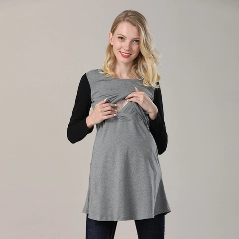 Maglia Allattamento a Maniche Lunghe Patchwork a Righe Leopardata Girocollo in Cotone T-Shirt Premaman Donna