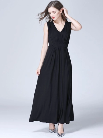 Vestido Largo Premaman Lactancia Modal Cuello V Sin Mangas Cintura Alta Pliegues Cinturón Ajustable Vestido Verano Mujer
