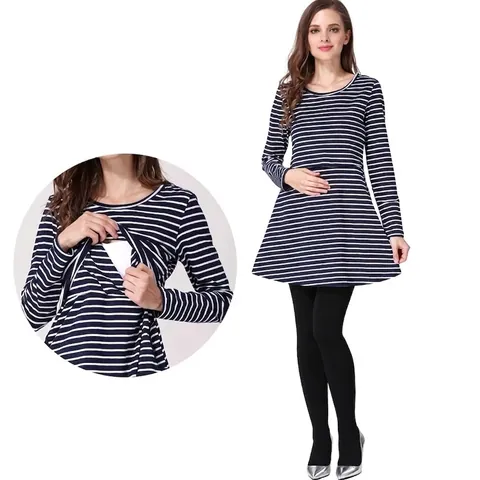 Damen Langarm Umstandsmode Stilltop Baumwolle Gestreift Patchwork Stillshirt Rundhals Schwangerschaft Tunika Kleidung