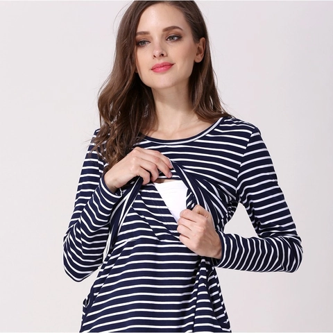 Damen Langarm Umstandsmode Stilltop Baumwolle Gestreift Patchwork Stillshirt Rundhals Schwangerschaft Tunika Kleidung