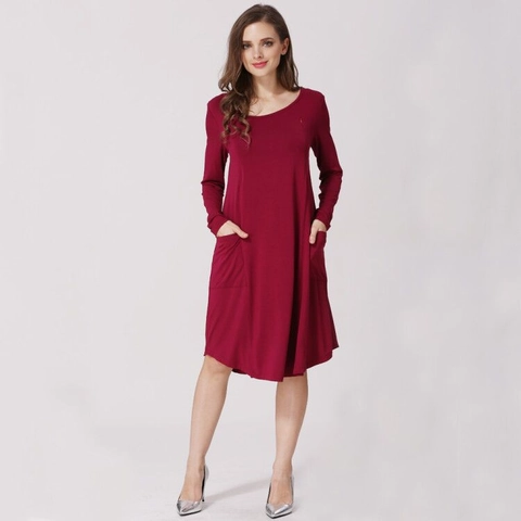 Vestido de Maternidad Lactancia Algodón Manga Larga Cuello Redondo Suelto Casual Con Bolsillos Ropa Embarazo Suave