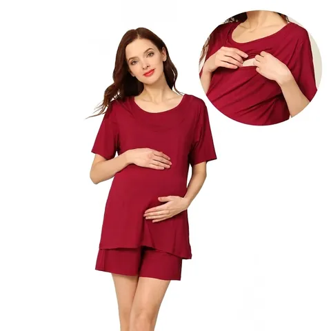 Modal Maternity Nursing Pajamas Top And Shorts Double Layer Feeding Sleepwear Adjustable Waistband For Pregnant Women