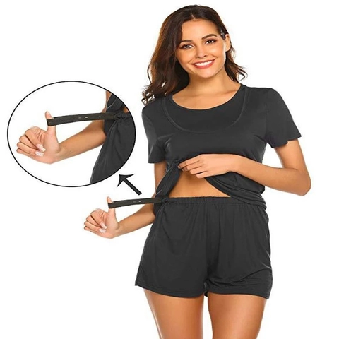 Modal Maternity Nursing Pajamas Top And Shorts Double Layer Feeding Sleepwear Adjustable Waistband For Pregnant Women