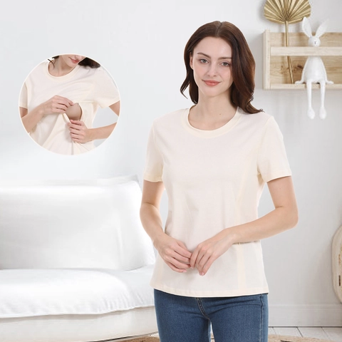Βαμβακερό T-shirt Εγκυμοσύνης Κοντό Μανίκι Στρογγυλή Λαιμόκοψη Τοπ Θηλασμού Με Κρυφό Φερμουάρ Casual Μονόχρωμο Γυναίκα