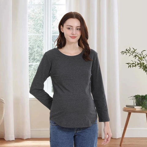 Maternity Nursing T-Shirt Long Sleeve Round Neck Combed Cotton Breastfeeding Top For Pregnant Women Solid Color Casual Clothing