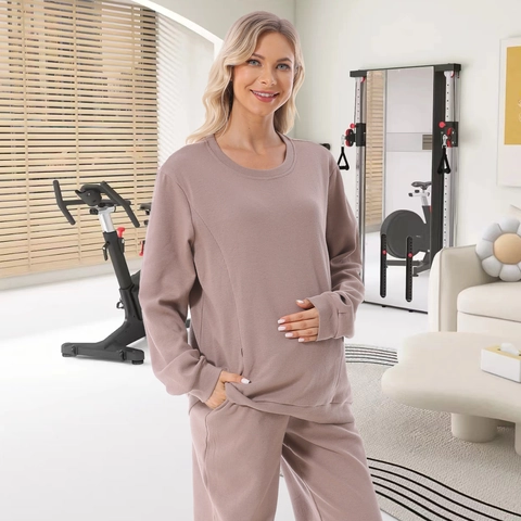 Waffelstrick Still Sweatshirt Oberteil Und Hose Langarm Mutterschaft Stillen Casual Loungewear Outfit Damen Herbst